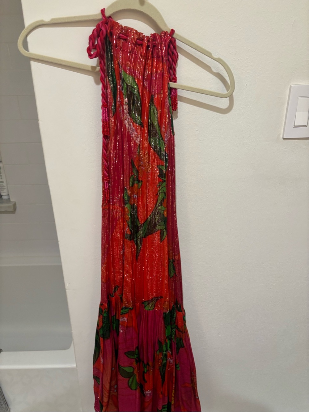 FARM Rio Red & Pink Tropical Maxi Dress with Green Leaf Print